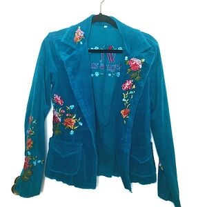 Johnny Was Embroidered Corduroy Blazer Teal Color